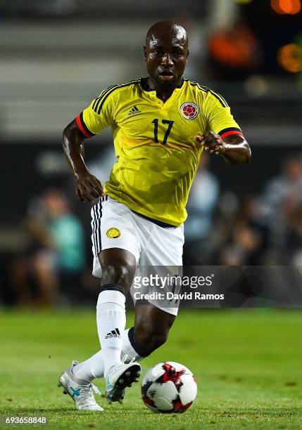 Pablo Armero of Colombia runs with the ball during a friendly match between Spain and Colombia at La Nueva Condomina stadium on June 7, 2017 in...