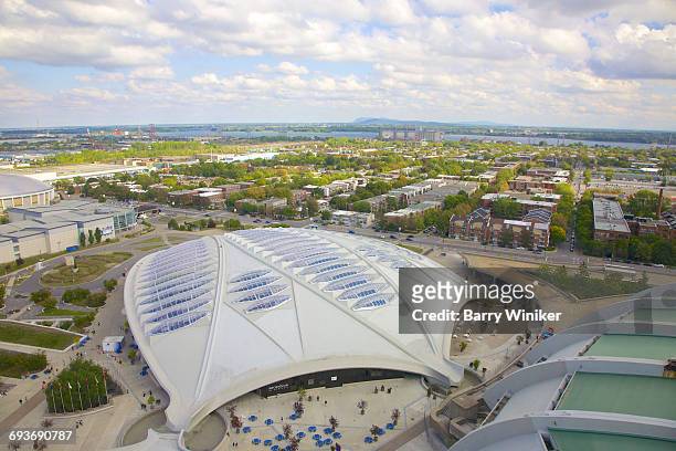 aerial view of biodome in olympic park, montreal - montreal biodome stock pictures, royalty-free photos & images