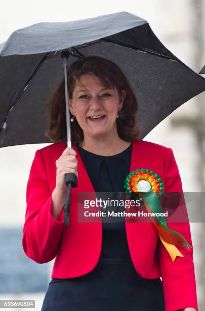 Leader of Plaid Cymru Leanne Wood arrives to vote at the Soar Centre in Penygraig on June 8, 2017 in Rhondda, Wales. Polling stations have opened as...