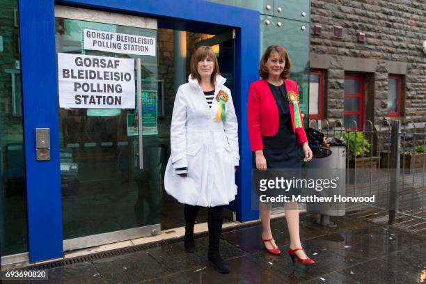 Leader of Plaid Cymru Leanne Wood poses for a picture after arriving to vote with Rhondda candidate Branwen Cennard at the Soar Centre in Penygraig...