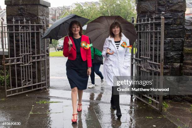 Leader of Plaid Cymru Leanne Wood arrives to vote with Rhondda candidate Branwen Cennard at the Soar Centre in Penygraig on June 8, 2017 in Rhondda,...