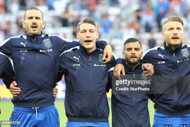 Leonardo Bonucci, Andrea Belotti, Lorenzo Insigne, and Ciro Immobile of Italy before the international friendly between Italy and Uruguay at Allianz...