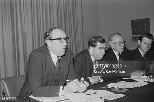 Labour party politicians Roy Jenkins , the Minister of Aviation, and Denis Healey , the Secretary of State for Defence, at a press conference about...