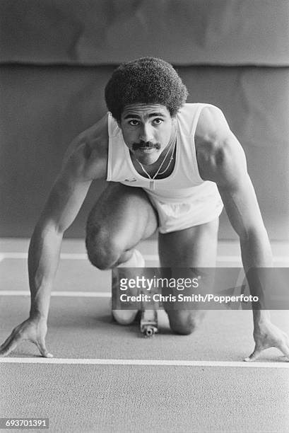 English decathlete Daley Thompson pictured in sprint training from starting blocks on an indoor athletics track in England in September 1981. Daley...