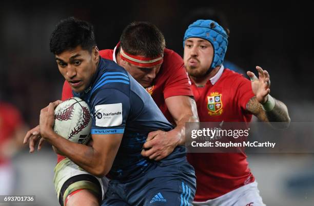 Auckland , New Zealand - 7 June 2017; Rieko Ioane of the Blues is tackled by CJ Stander and Jack Nowell, right, of the British & Irish Lions during...