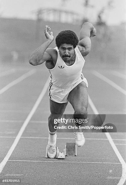 English decathlete Daley Thompson pictured in sprint training from starting blocks on an athletics track in England in September 1981. Daley Thompson...