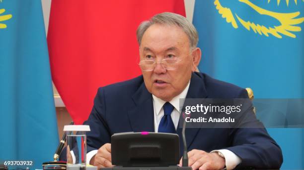 Kazakhstan's President Nursultan Nazarbayev meets with Chinese President Xi Jinping at Presidential Palace in Astana, Kazakhstan on June 08, 2017....