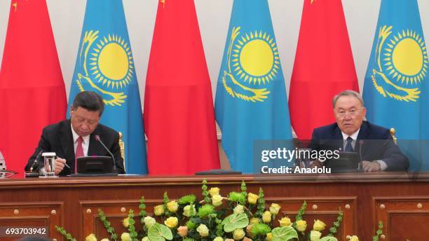 Kazakhstan's President Nursultan Nazarbayev meets with Chinese President Xi Jinping at Presidential Palace in Astana, Kazakhstan on June 08, 2017....