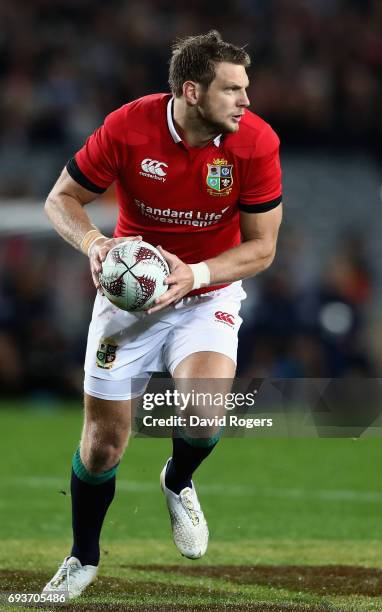 Dan Biggar of the Lions runs with the ball during the match between the Auckland Blues and the British & Irish Lions at Eden Park on June 7, 2017 in...