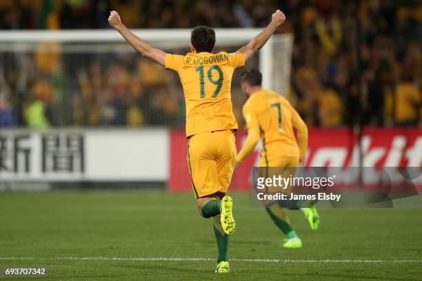 Ryan McGowan of Australia celebrates a goal during the 2018 FIFA World Cup Qualifier match between the Australian Socceroos and Saudi Arabia at the...
