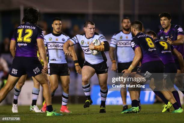 Paul Gallen of the Sharks takes on the defence during the round 14 NRL match between the Cronulla Sharks and the Melbourne Storm at Southern Cross...