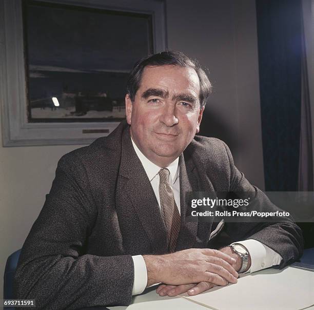 British Labour Party politician, Member of Parliament for Leeds East and Secretary of State for Defence, Denis Healey pictured in his office in...