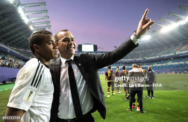 Head coach Rafael Dudamel of Venezuela celebrates with Wuilker Farinez of Venezuela after winning the FIFA U-20 World Cup Korea Republic 2017 Semi...