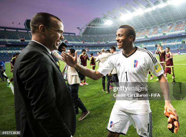 Head coach Rafael Dudamel of Venezuela celebrates with Wuilker Farinez of Venezuela after winning the FIFA U-20 World Cup Korea Republic 2017 Semi...