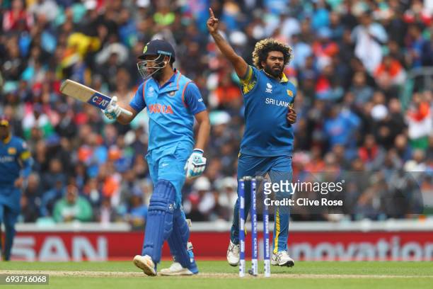 Lasith Malinga of Sri Lanka celebrates taking the wicket of Rohit Sharma of India during the ICC Champions trophy cricket match between India and Sri...