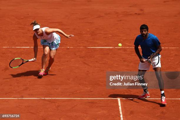 Gabriela Dabrowski of Canada and Rohan Bopanna of India in action during mixed doubles final match against Anna-Lena Groenefeld of Germany and Robert...