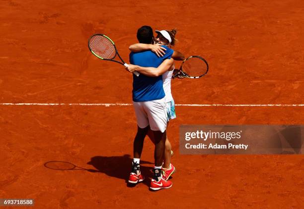 Gabriela Dabrowski of Canada and Rohan Bopanna of India celebrate victory in the mixed doubles final against Anna-Lena Groenefeld of Germany and...