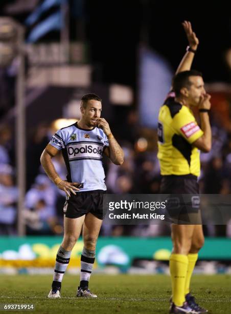 James Maloney of the Sharks looks dejected at fulltime during the round 14 NRL match between the Cronulla Sharks and the Melbourne Storm at Southern...