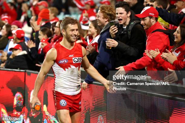 Kieren Jack of the Swans thanks fans after winning the round 12 AFL match between the Sydney Swans and the Western Bulldogs at Sydney Cricket Ground...