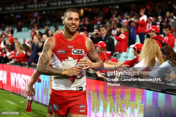 Lance Franklin of the Swans smiles after winning the round 12 AFL match between the Sydney Swans and the Western Bulldogs at Sydney Cricket Ground on...