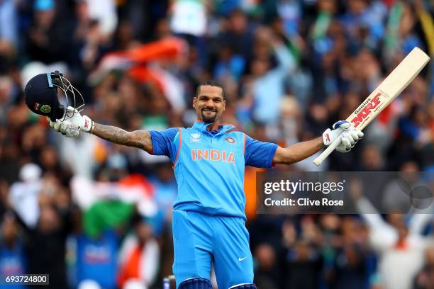 Shikhar Dhawan of India celebrates his century during the ICC Champions trophy cricket match between India and Sri Lanka at The Oval in London on...