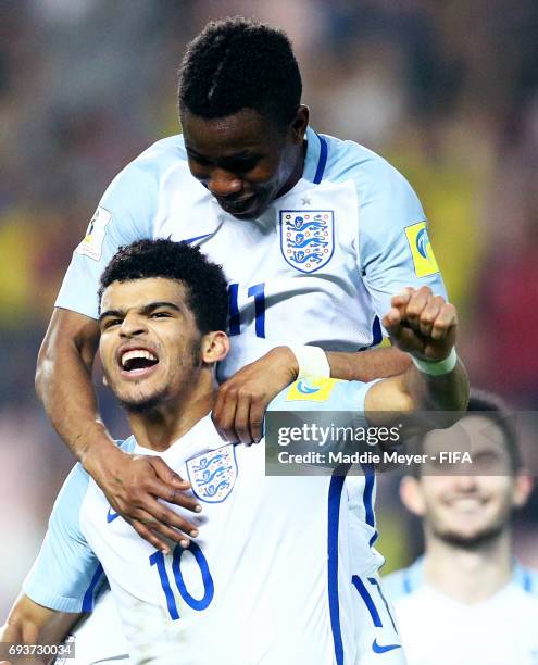 Dominic Solanke of England celebrates with Ademola Lookman after scoring his teams third goal during the FIFA U-20 World Cup Korea Republic 2017 Semi...