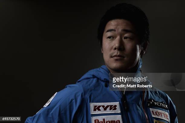Alpine skier Hiraku Misawa of Japan poses for photograph during a portrait session on June 8, 2017 in Tokyo, Japan.