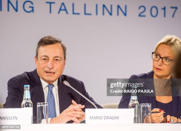 The President of the European Central Bank Mario Draghi and ECB spokeswoman Christine Graeff attend a press conference after the Governing Council...