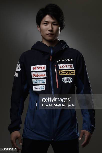 Snowboarder Grim Narita of Japan poses for photograph during a portrait session on June 8, 2017 in Tokyo, Japan.