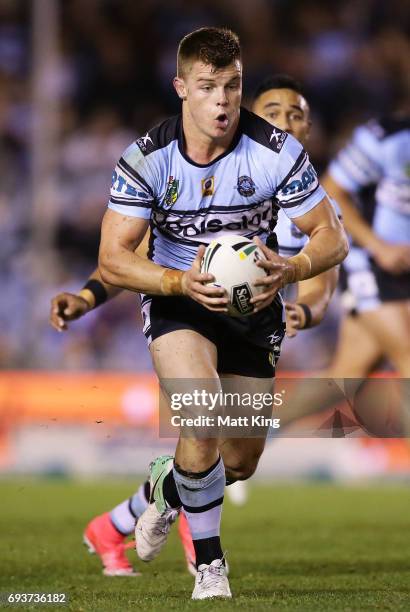 Jayden Brailey of the Sharks runs with the ball during the round 14 NRL match between the Cronulla Sharks and the Melbourne Storm at Southern Cross...