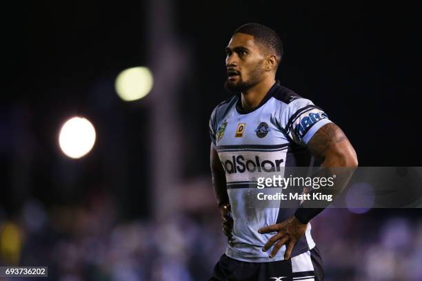 Ricky Leutele of the Sharks looks on during the round 14 NRL match between the Cronulla Sharks and the Melbourne Storm at Southern Cross Group...