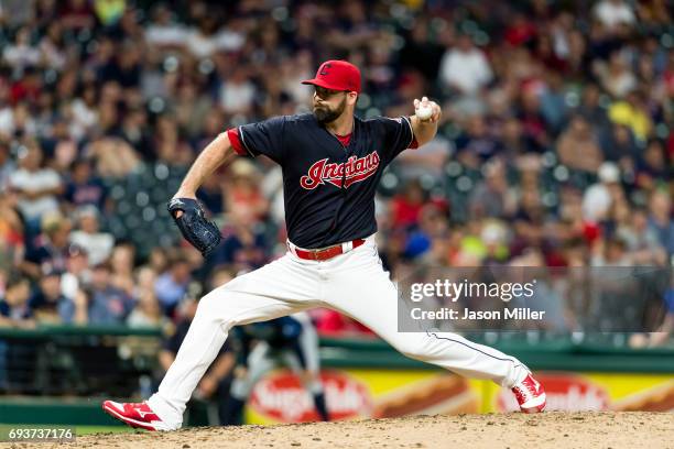 Relief pitcher Boone Logan of the Cleveland Indians pitches during the ninth inning against the Tampa Bay Rays at Progressive Field on May 16, 2017...