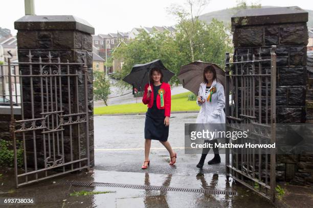 Leader of Plaid Cymru Leanne Wood arrives to vote with Rhondda candidate Branwen Cennard at the Soar Centre in Penygraig on June 8, 2017 in Rhondda,...