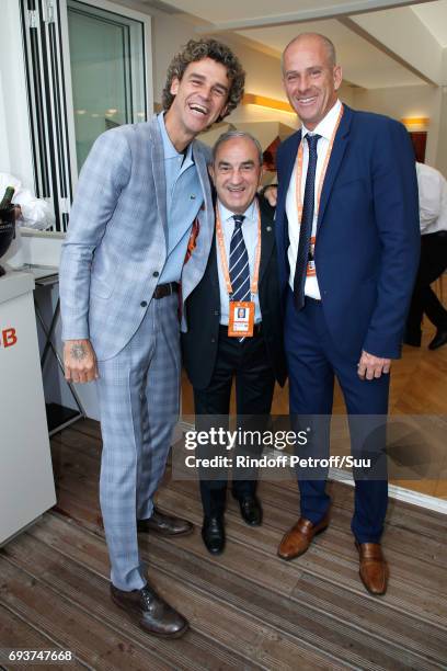 Tennis Player Gustavo Kuerten, Jean Gachassin and Director of Roland Garros tournament, Guy Forget attend the 2017 French Tennis Open - Day Twelve at...