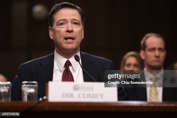 Former FBI Director James Comey testifies before the Senate Intelligence Committee in the Hart Senate Office Building on Capitol Hill June 8, 2017 in...