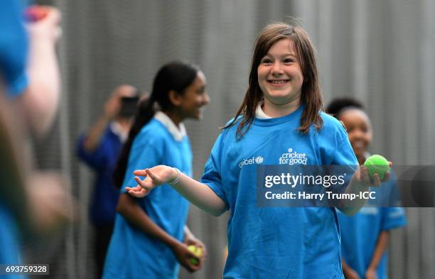 Pupil reacts during the ICC Champions Trophy Ambassador - Shane Bond event at SWALEC Stadium on June 8, 2017 in Cardiff, Wales.