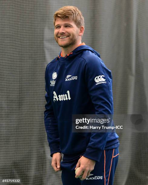 Corey Anderson of New Zealand smiles during the ICC Champions Trophy Ambassador - Shane Bond event at SWALEC Stadium on June 8, 2017 in Cardiff,...