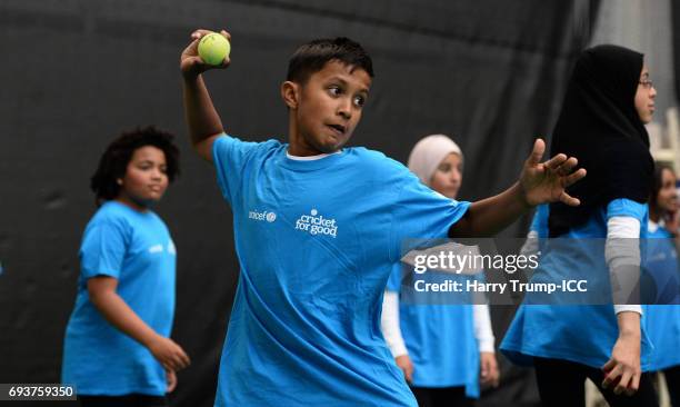 Pupil aims a throw during the ICC Champions Trophy Ambassador - Shane Bond event at SWALEC Stadium on June 8, 2017 in Cardiff, Wales.