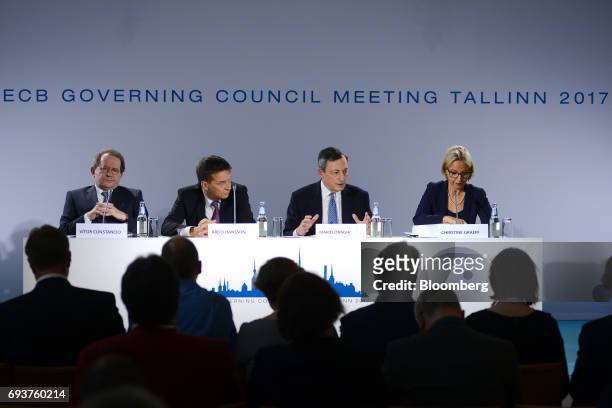 From left to right, Vitor Constancio, vice president of the European Central Bank , Ardo Hansson, governor of the Estonian central bank, Mario...