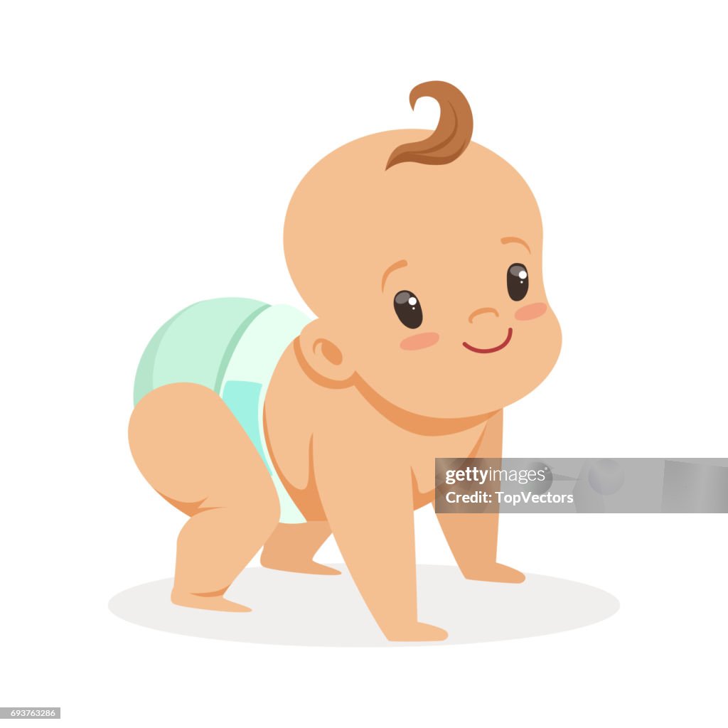 Cute Crawling Baby In A Diaper Looking Up Colorful Cartoon Character Vector  Illustration High-Res Vector Graphic - Getty Images