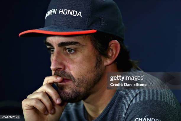 Fernando Alonso of Spain and McLaren Honda talks in the Drivers Press Conference during previews for the Canadian Formula One Grand Prix at Circuit...