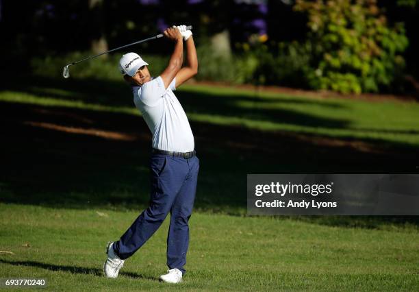 Fabian Gomez of Argentina plays his shot on the 10th hole during the first round of the FedEx St. Jude Classic at TPC Southwind on June 8, 2017 in...