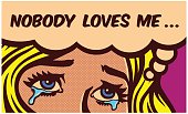 Pop art comic book woman's eyes shedding tears sad broken hearted girl crying for loneliness vector illustration