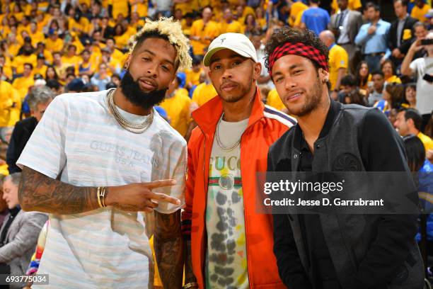 Neymar Jr. Of FC Barcelona poses for a photo with Racecar Driver Lewis Hamilton and New York Giant, O'Dell Beckham Jr. Before Game Two of the 2017...