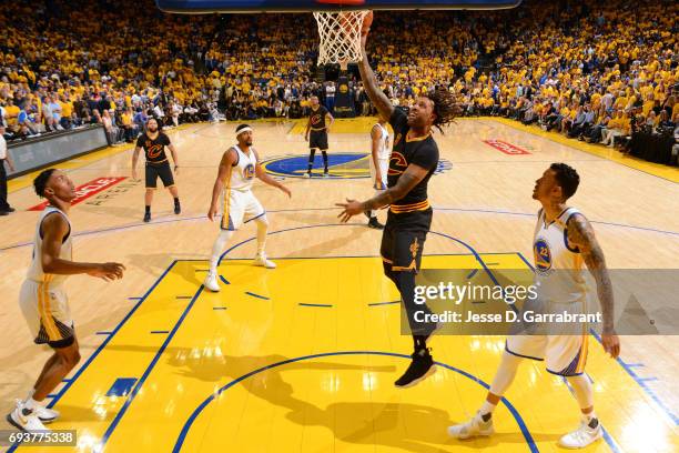 Derrick Williams of the Cleveland Cavaliers shoots the ball against the Golden State Warriors in Game Two of the 2017 NBA Finals at Oracle Arena on...