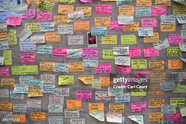 Messages of support and condolence are placed on a plinth on London Bridge following Saturday's terror attack, on June 8, 2017 in London, England....