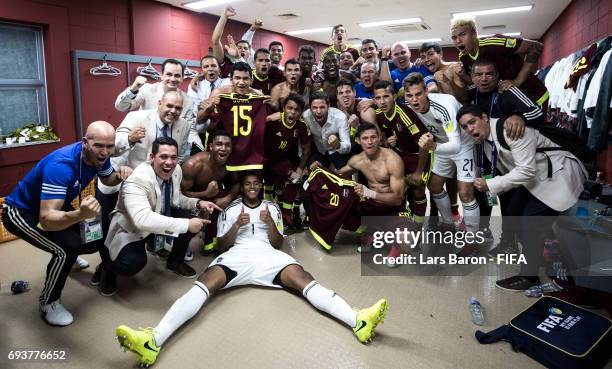 Wuilker Farinez of Venezuela celebrates with team mates after winning the FIFA U-20 World Cup Korea Republic 2017 Semi Final match between Uruguay...