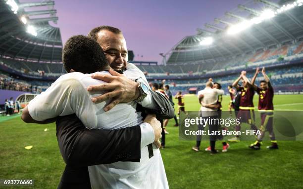 Head coach Rafael Dudamel of Venezuela celebrates with Wuilker Farinez of Venezuela after winning the FIFA U-20 World Cup Korea Republic 2017 Semi...