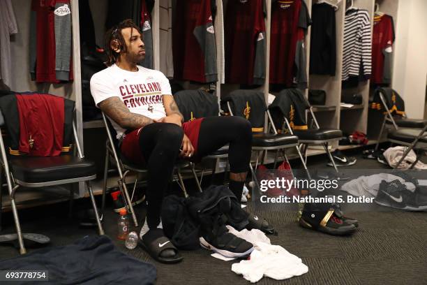 Derrick Williams of the Cleveland Cavaliers gets ready in the locker rooom before Game Two of the 2017 NBA Finals against the Golden State Warriors...