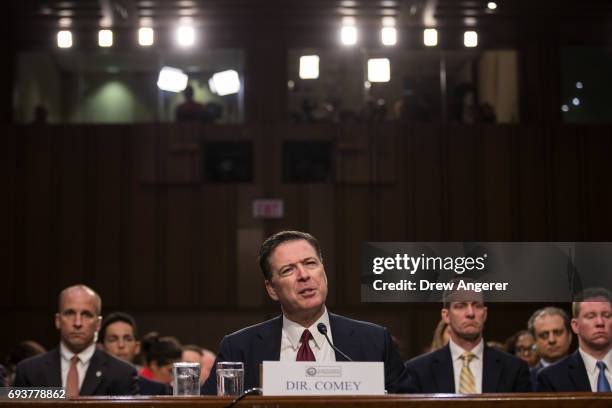 Former FBI Director James Comey testifies before the Senate Intelligence Committee in the Hart Senate Office Building on Capitol Hill June 8, 2017 in...